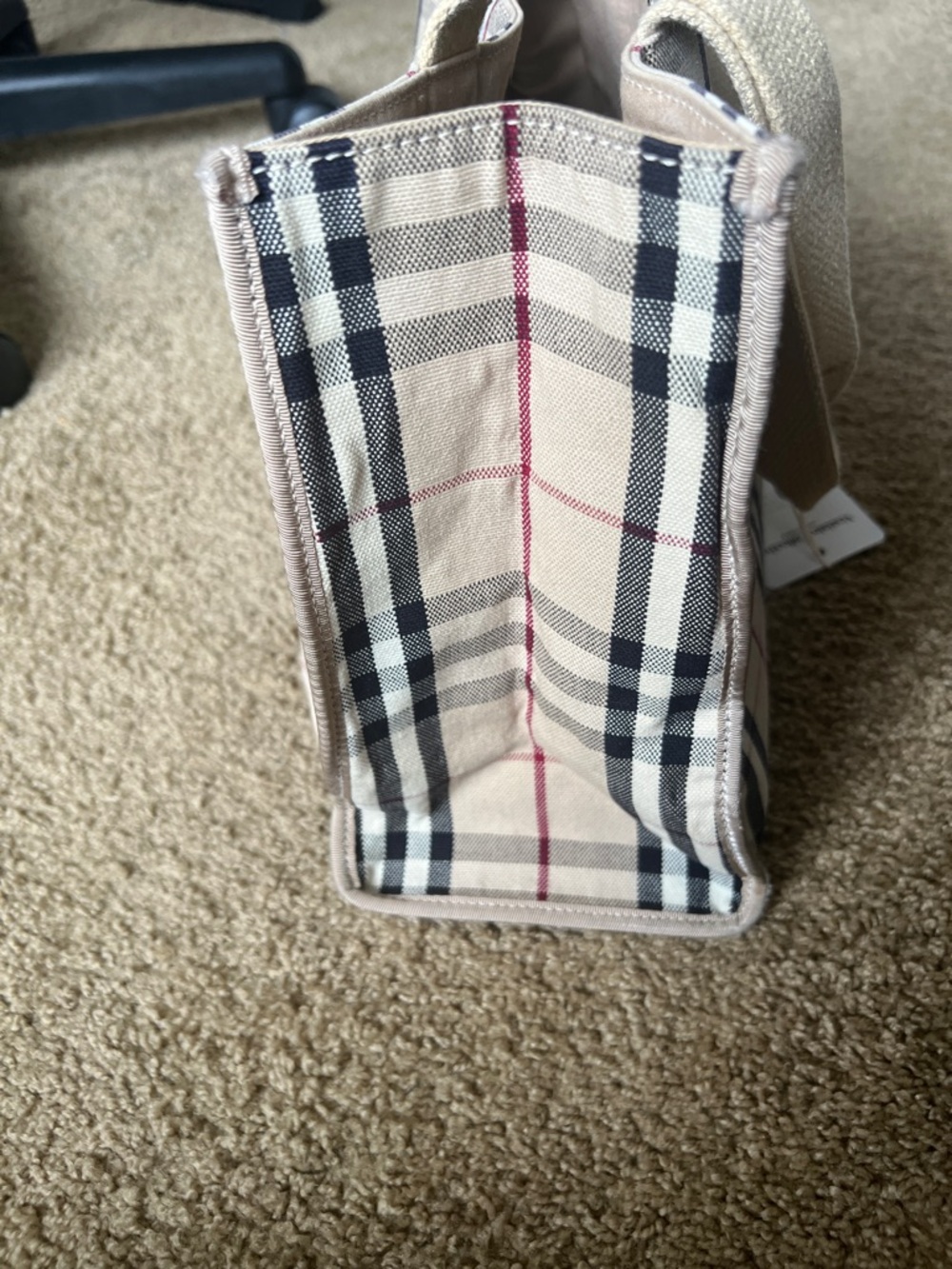 Beige Plaid Canvas Duffel with Navy and Burgundy Accent - Picture 8 of 9